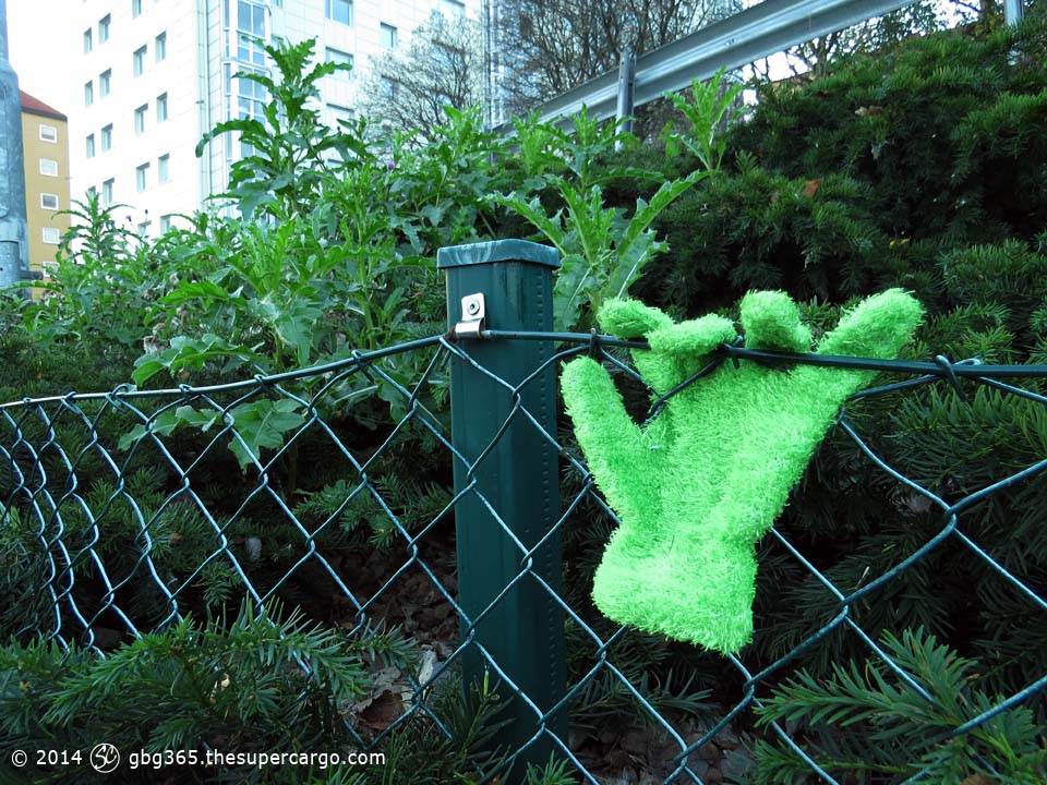Green glove on a chainlink fence